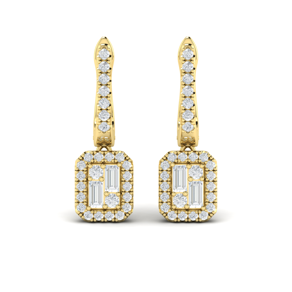 Diamond Baguette Halo Drop Huggie Earrings