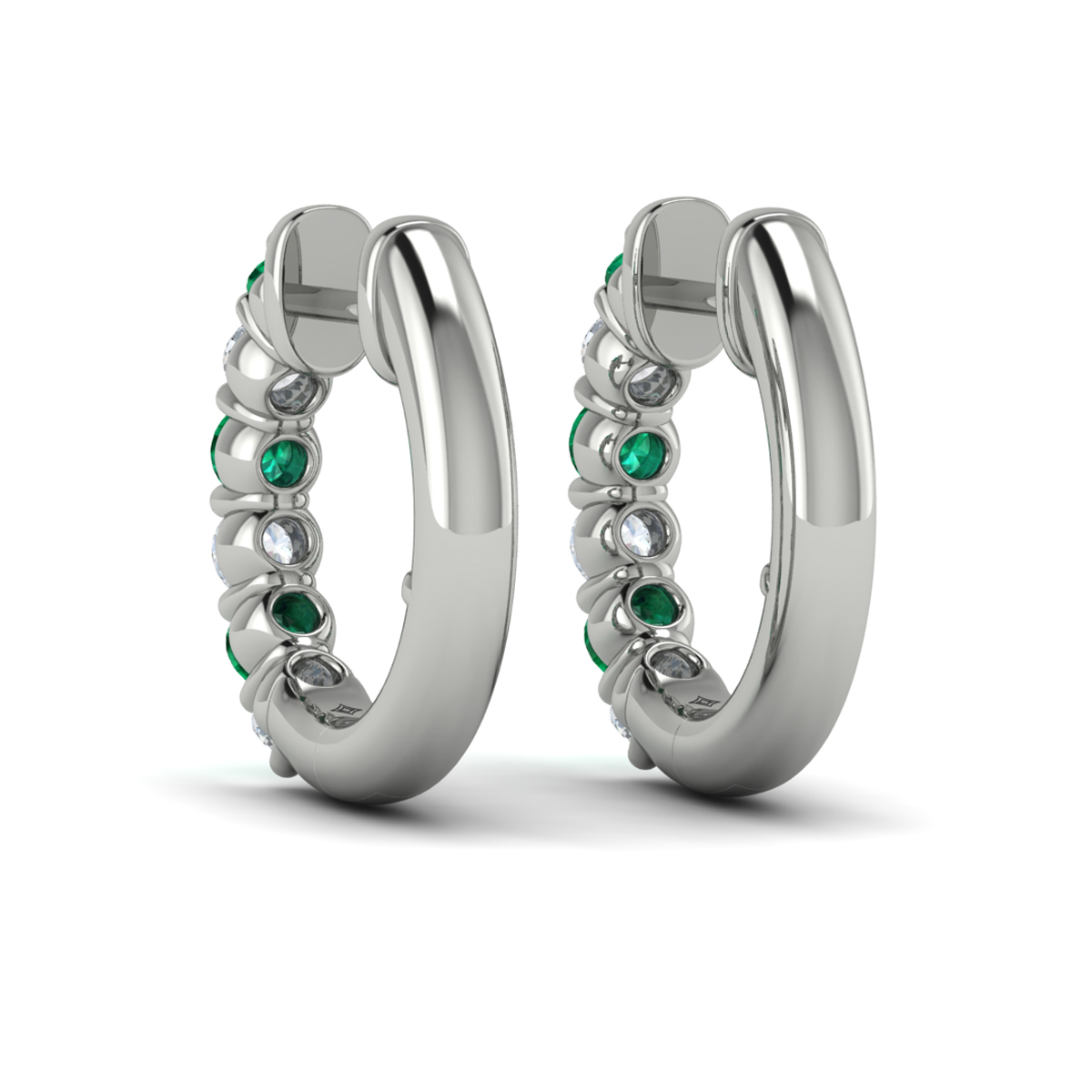 Forward-facing Diamond and Emerald Open Hoop Earrings