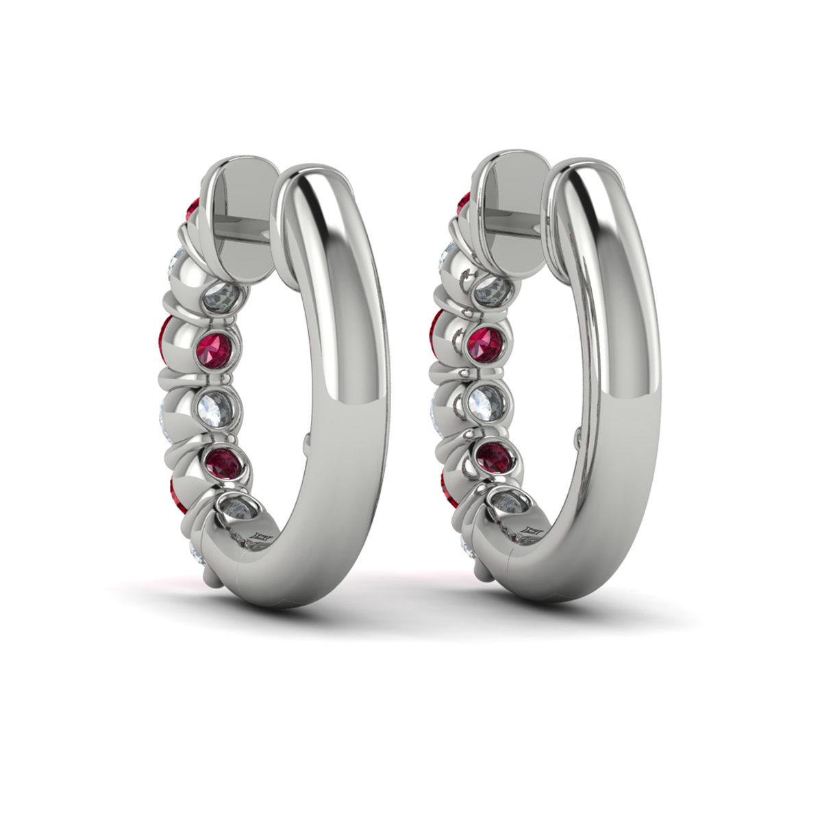 Forward-facing Diamond and Ruby Open Hoop Earrings