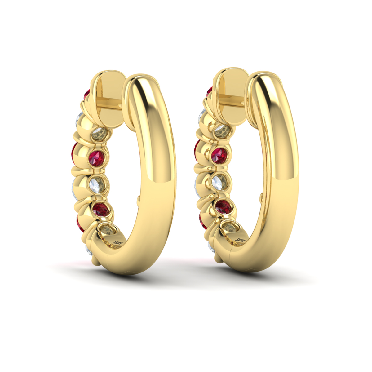 Forward-facing Diamond and Ruby Open Hoop Earrings