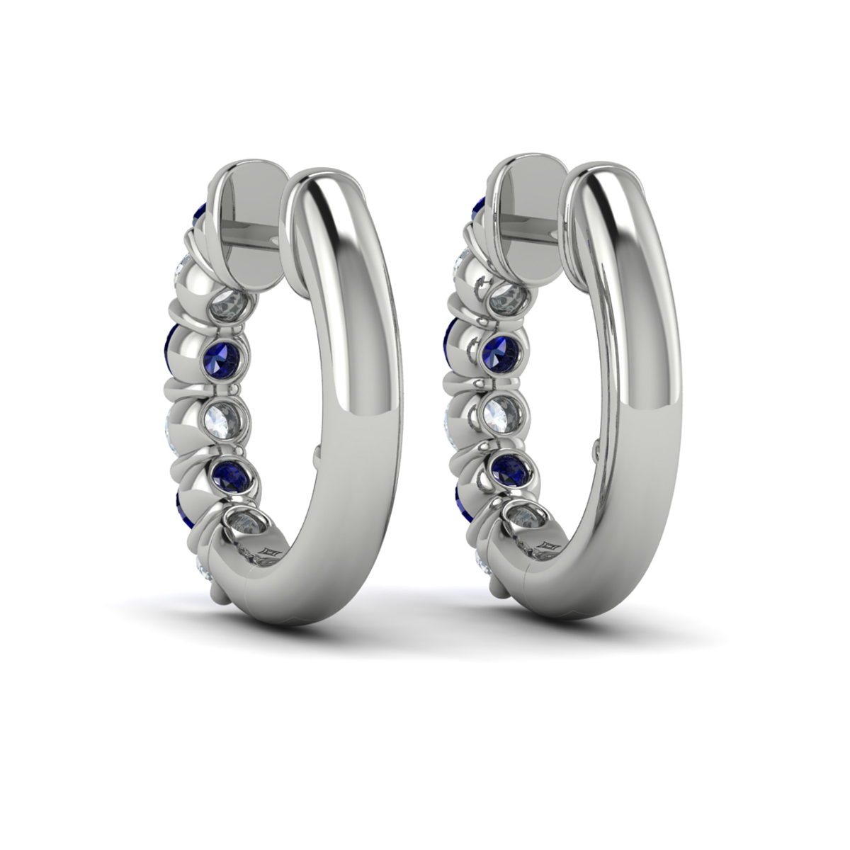 Forward-facing Diamond and Blue Sapphire Open Hoop Earrings