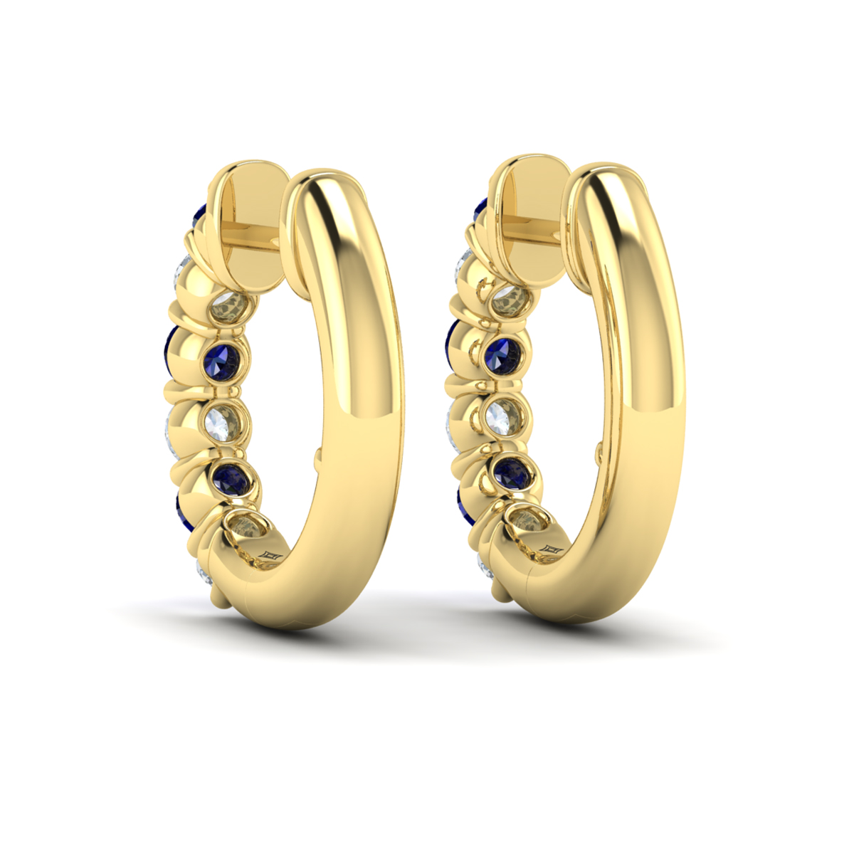 Forward-facing Diamond and Blue Sapphire Open Hoop Earrings