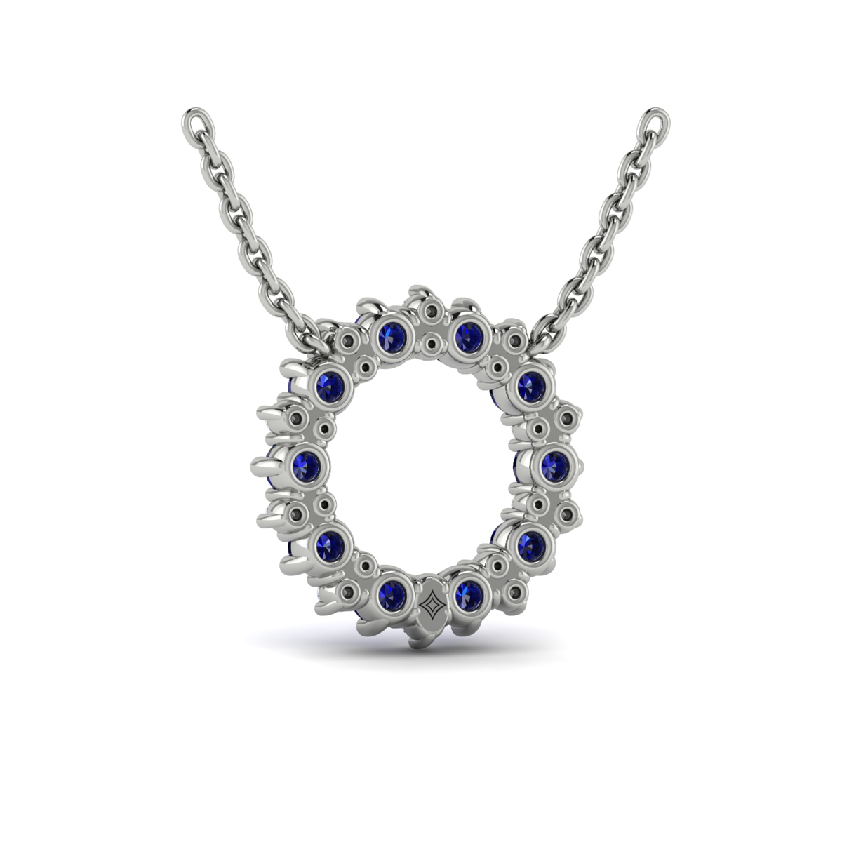 Diamond and Blue Sapphire Open Starburst Circle Pendant Necklace