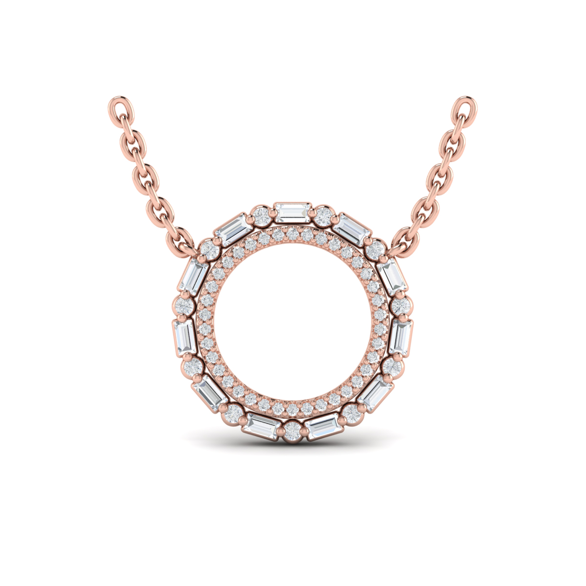 Diamond Baguette Double Open Circle Pendant Necklace