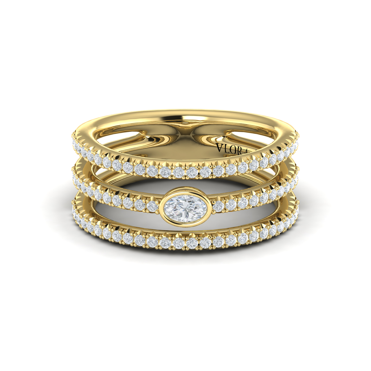 Diamond Open Three Row and Oval Centerstone Ring