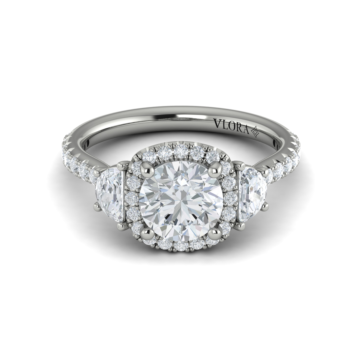 Vlora Three Stone, Halo Engagement Ring