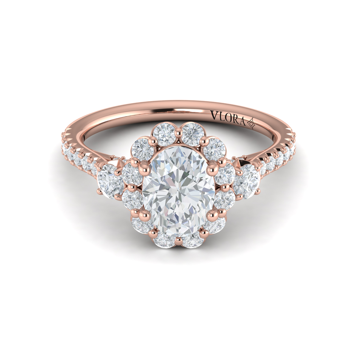 Vlora Three Stone, Halo Engagement Ring