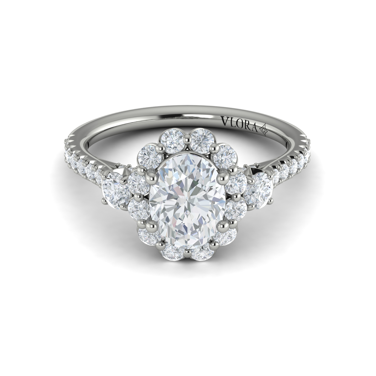 Vlora Three Stone, Halo Engagement Ring