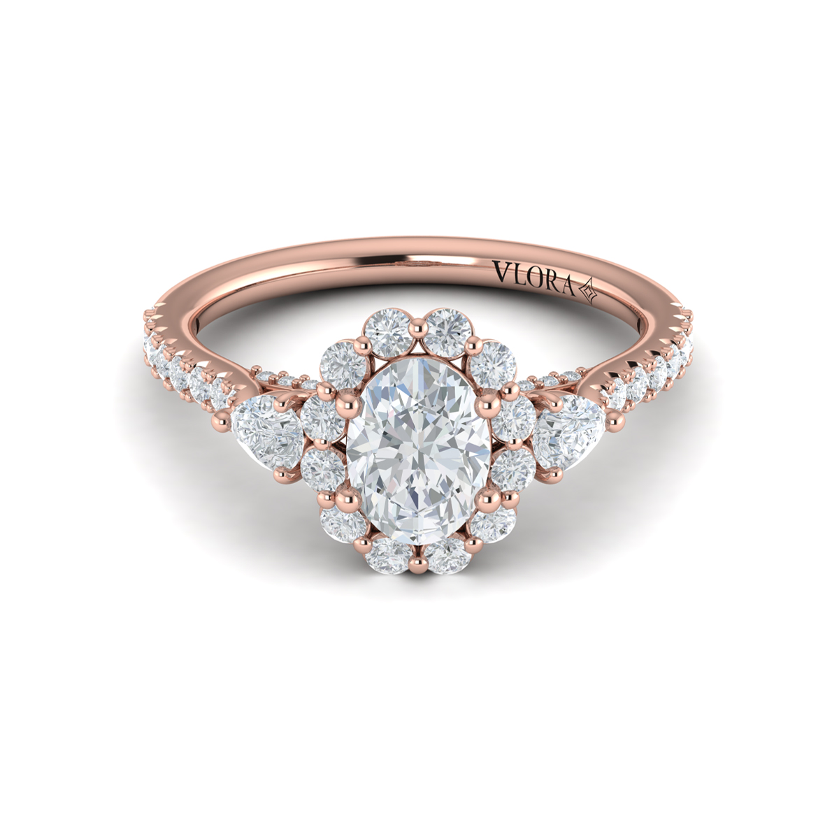 Vlora Three Stone, Halo Engagement Ring