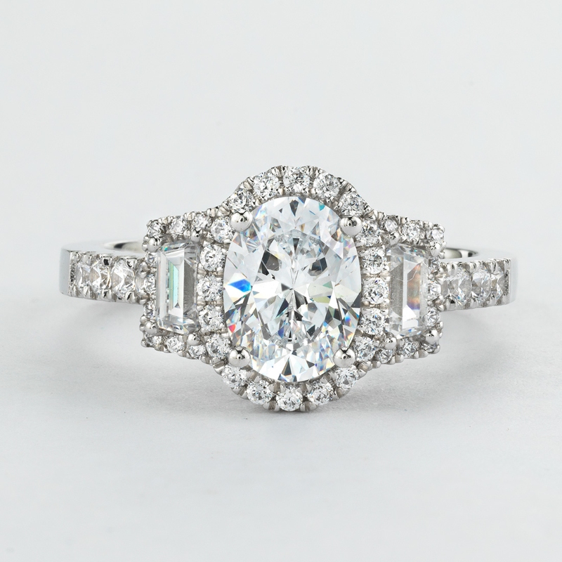 Oval Cut Three Stone Halo Engagement Ring with Baguettes - Vicky